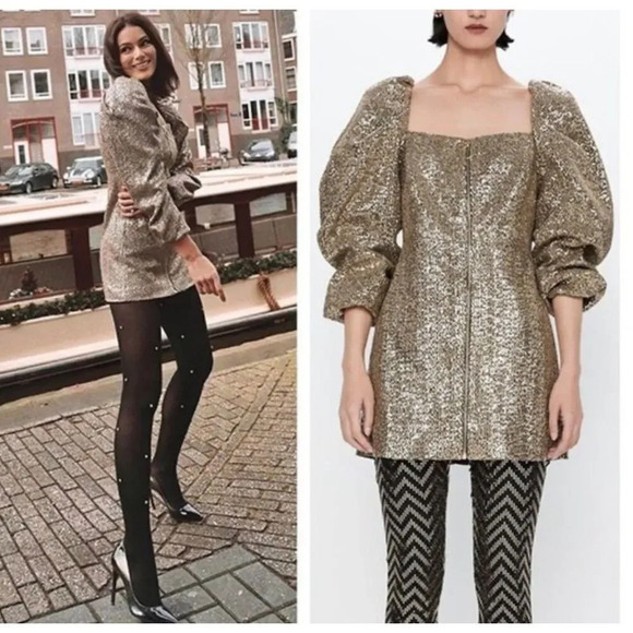Zara Gold Sequin Zip Up Dress Puff Sleeves - Picture 1 of 8